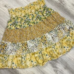 Vintage Y2K Cottagecore Buttery Yellow Floral Print Tiered Cotton Mini Skirt / M